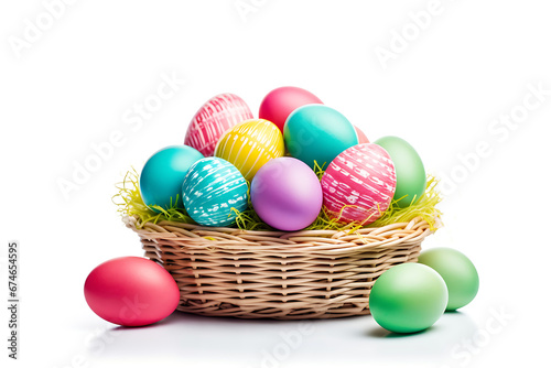 colorful painted easter eggs isolated on white background in straw basket