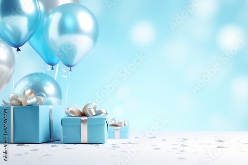 Festive background with blue balls, gift boxes and confetti.