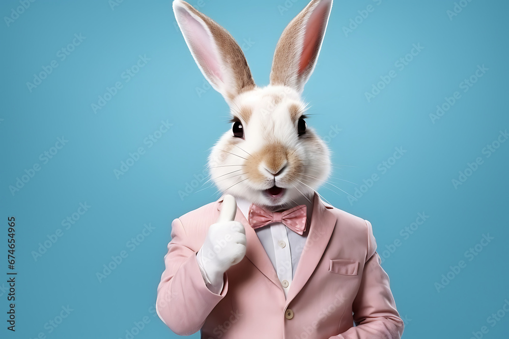 Anthropomorphic funny Easter bunny in human clothes isolated on a neutral background