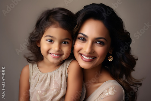 portrait of smiling indian woman mother with her daughter isolated on brown background