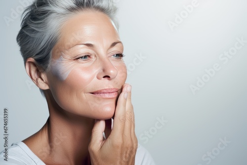 Close-up of middle-aged Caucasian woman touching her face to apply moisturizer. Smiling face of adult grey-haired lady with daily cream  facial cosmetics. Skin care. Grey background  copy space.