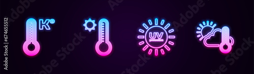 Set line Meteorology thermometer, , UV protection and Thermometer and cloud, sun. Glowing neon icon. Vector