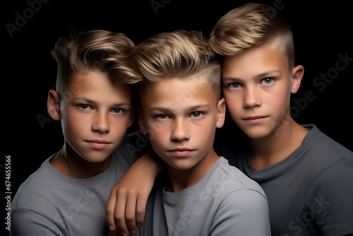 portrait of three serious teenage triplets brothers isolated on dark background photo