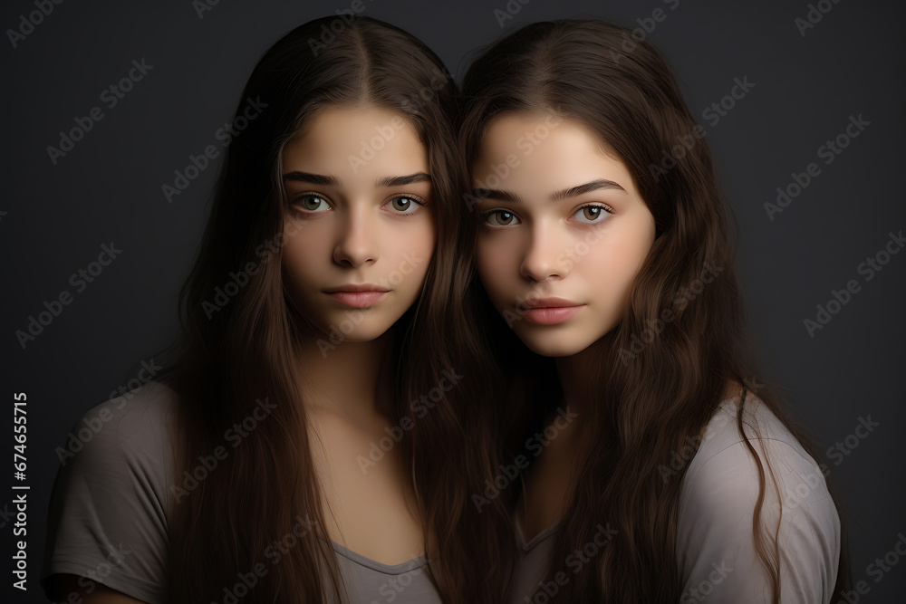 Portrait two caucasian young girls twin sisters Portrait two caucasian young girls twin sisters