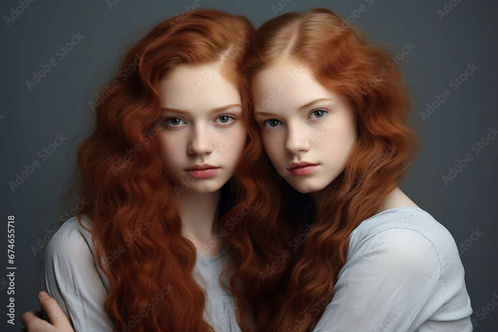 Portrait two caucasian young girls twin sisters Portrait two caucasian young girls twin sisters
