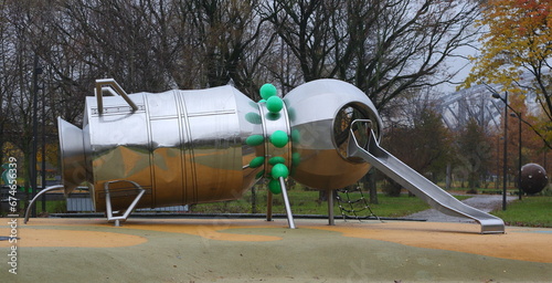 Silver spaceship on the playground, Tereshkova Park, Saint Petersburg, Russia, November 07, 2023 photo