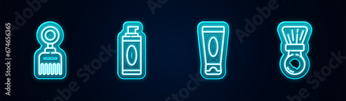 Set line Hairbrush, Shaving gel foam, Cream or lotion cosmetic tube and . Glowing neon icon. Vector