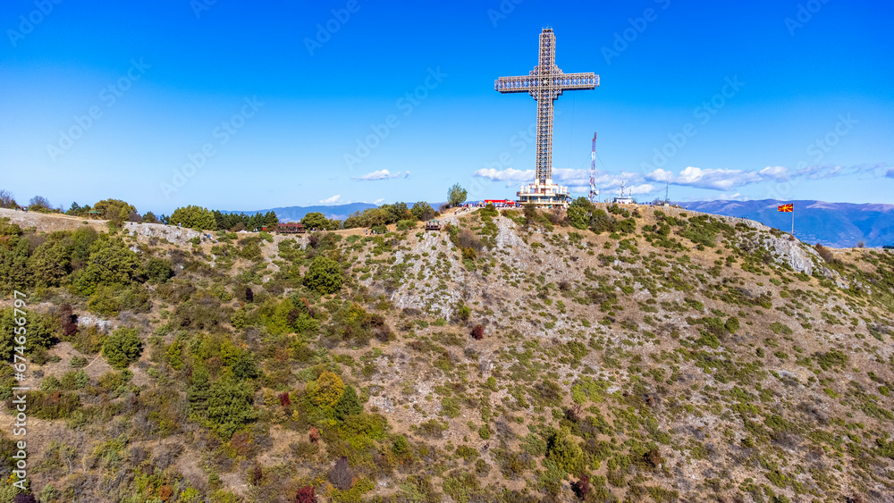 Skopje, Macedonia, October 29, 2023, Millennium Cross on the top of Vodno mountain hill Skopje, Macedonia, October 29, 2023, Millennium Cross on the top of Vodno mountain hill