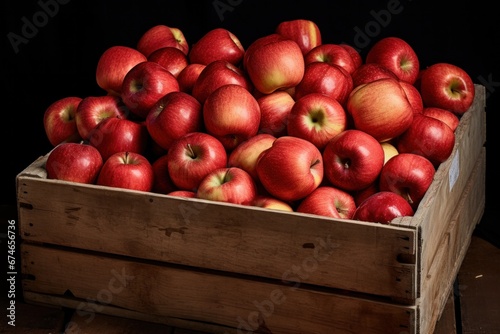 Organic fruit storage. Wooden boxes filled with large green apples in a storage room on a wooden container floor.