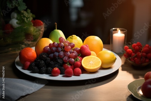 Food with various fruits on the kitchen table