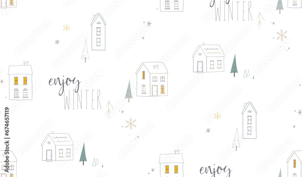 Winter seamless pattern with houses