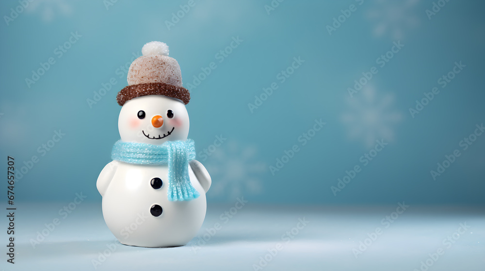 Snowman made by clay on blue sky with snowflake blur background. Cute snowman for Christmas wallpaper background with text space. Snowman made by clay on blue sky with snowflake blur background. Cute snowman for Christmas wallpaper background with text space.