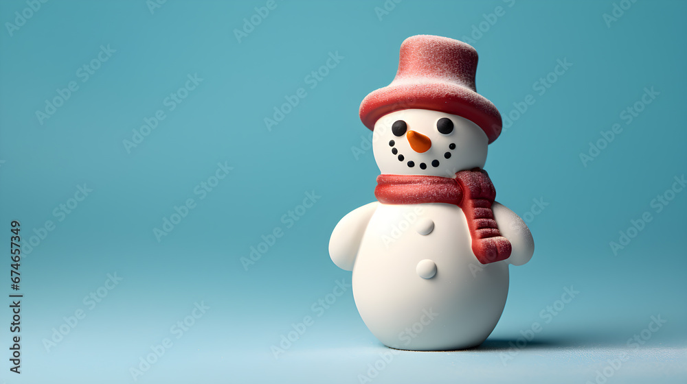 Snowman made by clay on blue sky with snowflake blur background. Cute snowman for Christmas wallpaper background with text space.
