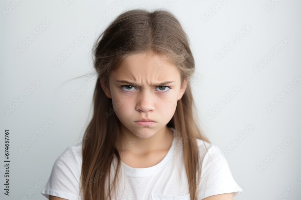 Portrait of little sullen girl frowning eyebrows and looking at camera with dislike. Cute little girl is upset, offended and ready to cry. Beautiful child expresses negative emotion with face and pose Portrait of little sullen girl frowning eyebrows and looking at camera with dislike. Cute little girl is upset, offended and ready to cry. Beautiful child expresses negative emotion with face and pose