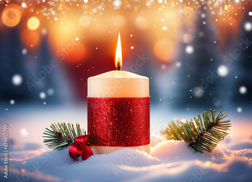 Photo of the candle in the snow on the blurred bokeh background © Alchemysteria