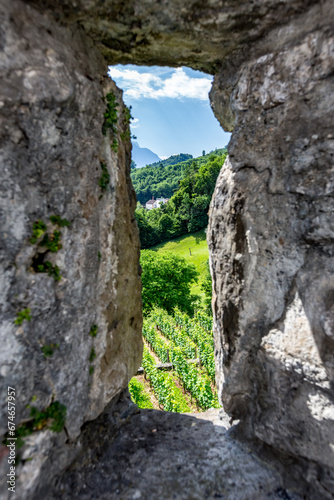 Scenery colorful spring tourist view from the destination and region around Werdenberg Castle, Switzerland or Schloss Werdenberg near the city of Bucks