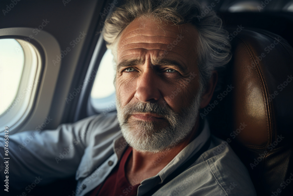 Obraz premium Generative AI picture portrait of aged woman man traveler person inside modern jet plane