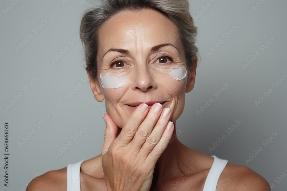 Close-up of middle-aged Caucasian woman touching her face to apply moisturizer. Smiling face of mature grey-haired lady with daily cream, facial cosmetics. Skin care. Grey background, copy space. Close-up of middle-aged Caucasian woman touching her face to apply moisturizer. Smiling face of mature grey-haired lady with daily cream, facial cosmetics. Skin care. Grey background, copy space.