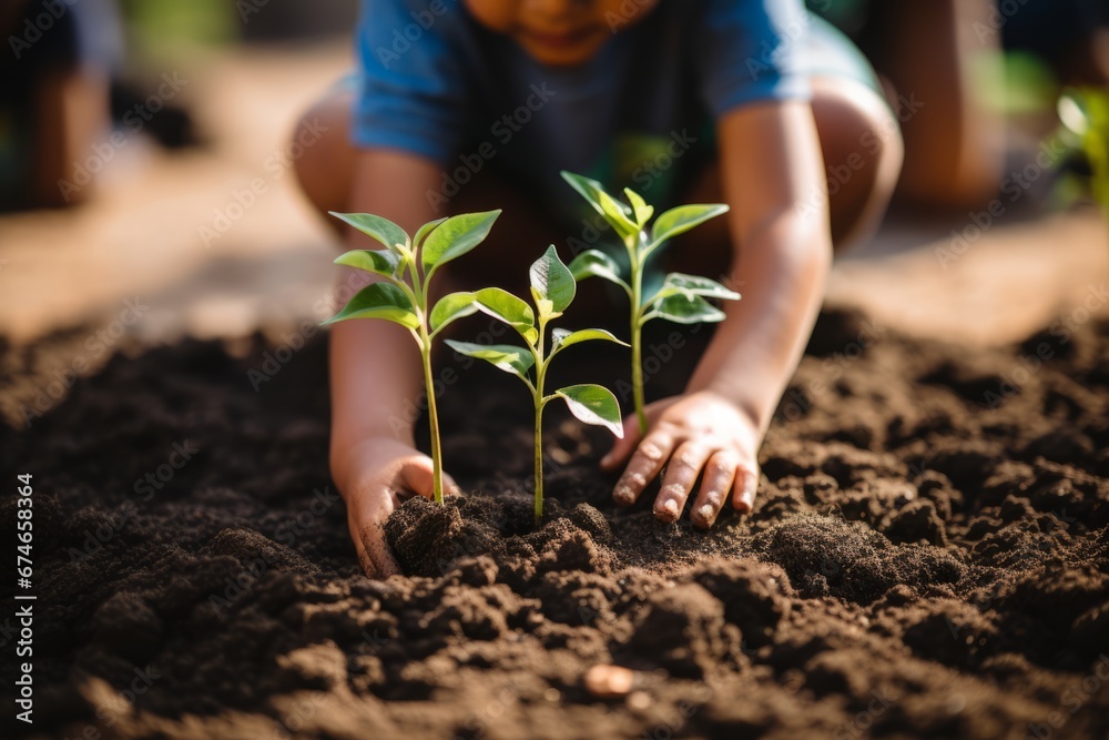 Cropped shot of little boy bending over tiny green sprout in the garden. Adorable child plants a plant in the ground. Fostering a love of nature and concern for environment from childhood. Cropped shot of little boy bending over tiny green sprout in the garden. Adorable child plants a plant in the ground. Fostering a love of nature and concern for environment from childhood.