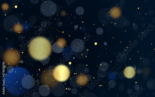 Sparkling glitter bokeh on dark blue background, New Year holidays template, Gold bokeh and navy background. Golden scattered bokeh, Fairytale magic star template.