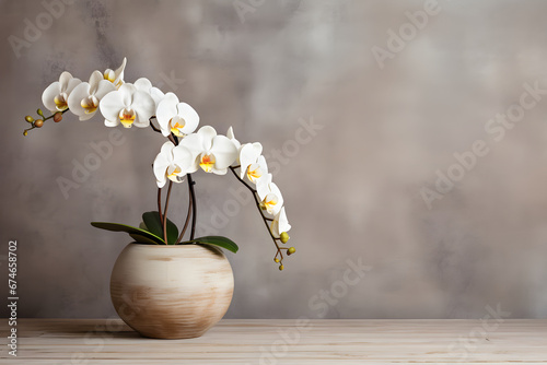 white orchid in a pot with a grunge wall background with copyspace photo