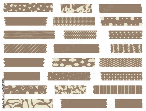 Big set of brown ribbons. Washi tapes collection with pattern in vector. Pieces of decorative tape for scrapbooks. Set of vintage labels