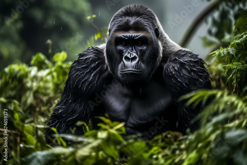 Big gorilla in the wild, focused shot, wildlife photography. Generative AI