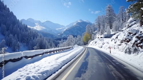 nature scenic road snow landscape illustration alpine travel, winter peak, view mountain nature scenic road snow landscape
