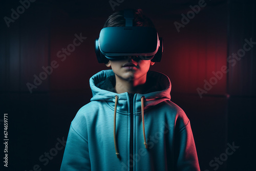 Portrait of amazed young boy in vr headset explores the metaverses virtual space generative ai concept © Tetiana