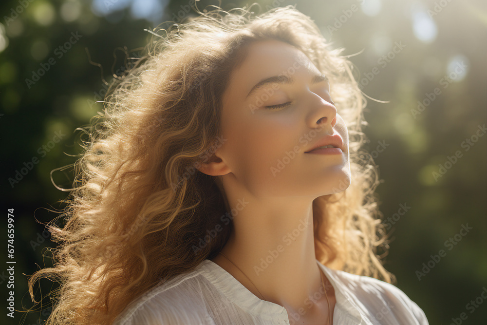 Naklejka premium Mindfulness stress releasing concept young woman practicing meditation close with nature Generative AI portrait
