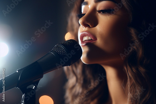 Generative ai modern technology portrait of person on stage using microphone singing song pub bar club