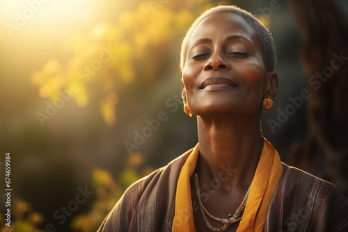Mindfulness stress releasing concept young woman practicing meditation close with nature Generative AI portrait
