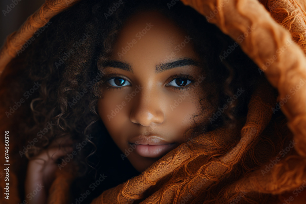 Young african girl enjoying wrapped in warm soft blanket Generative AI content Young african girl enjoying wrapped in warm soft blanket Generative AI content