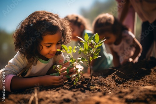 Beautiful little African American girl bending over tiny green sprout in the garden. Adorable child plants a plant in the ground. Fostering love of nature and concern for environment from childhood.