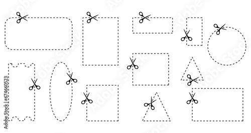 Scissors and coupon, cut out template and dotted line. Black icons. Gift voucher element template, graphic design. Shopping, food and drink, business. Vector illustration.