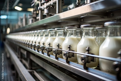 Pasteurized milk bottling line in factory, glass bottles on conveyor. AI generated photo
