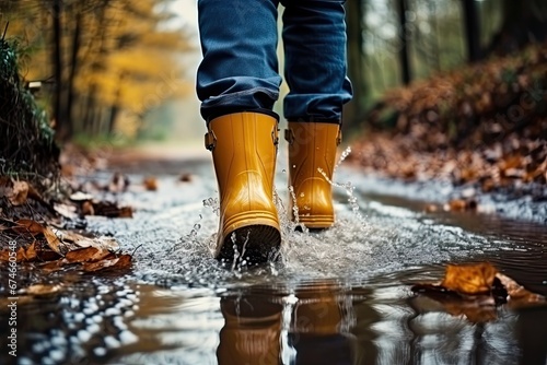 Close up of yellow rubber boots walking through puddle in park or forest in autumn. Generative AI