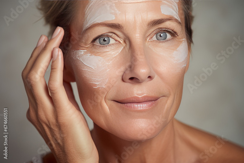 Close-up of middle-aged Caucasian woman touching her face to apply moisturizer. Smiling face of adult grey-haired lady with daily cream, facial cosmetics. Skin care. Grey background, copy space.