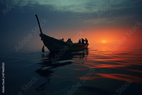 Boat with refugees in ocean at dawn, young male migrants illegally crossing border. Generative AI
