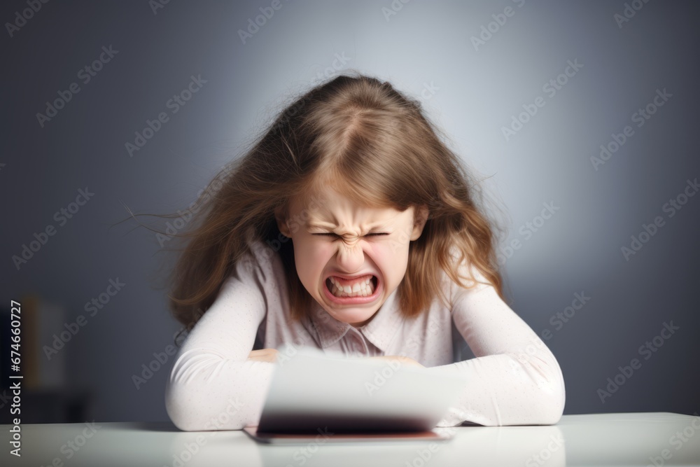 Portrait of a little girl crying loudly out of resentment. Cute little girl sitting at desk with notebook, upset and offended. A beautiful child expresses negative emotions with her face and pose. Portrait of a little girl crying loudly out of resentment. Cute little girl sitting at desk with notebook, upset and offended. A beautiful child expresses negative emotions with her face and pose.