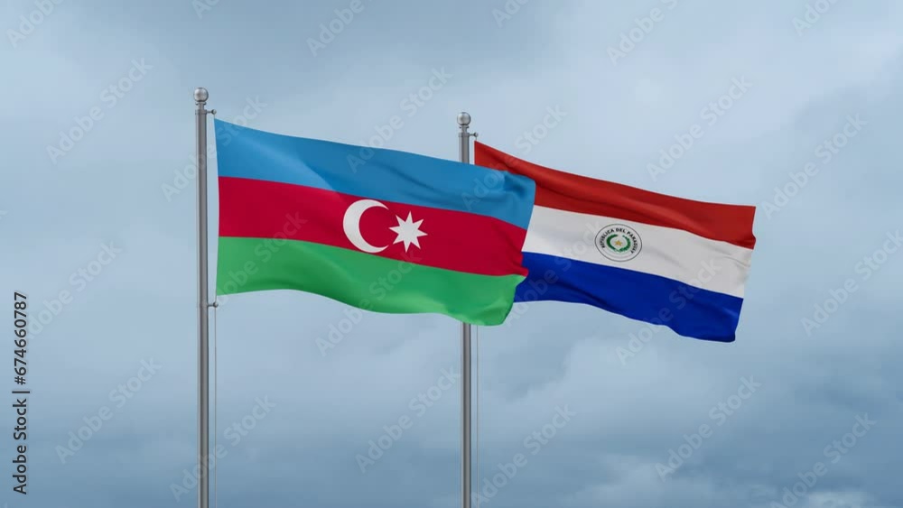 Paraguay flag and Azerbaijan flag waving together on cloudy sky, endless seamless loop, two country relations concept Paraguay flag and Azerbaijan flag waving together on cloudy sky, endless seamless loop, two country relations concept