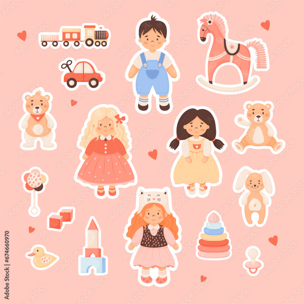 Collection children toys stickers. Cute Kids doll toys girls and funny boy, plush animals, rocking horse, pyramid, car, train, cubes, pacifier and rattle. Vector isolate illustration in cartoon style Collection children toys stickers. Cute Kids doll toys girls and funny boy, plush animals, rocking horse, pyramid, car, train, cubes, pacifier and rattle. Vector isolate illustration in cartoon style
