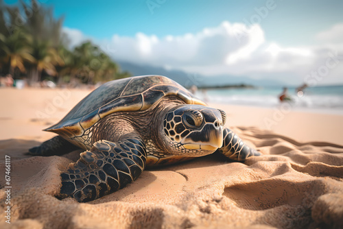 focused shot of a turtle on a beach, wildlife photography. Generative AI photo