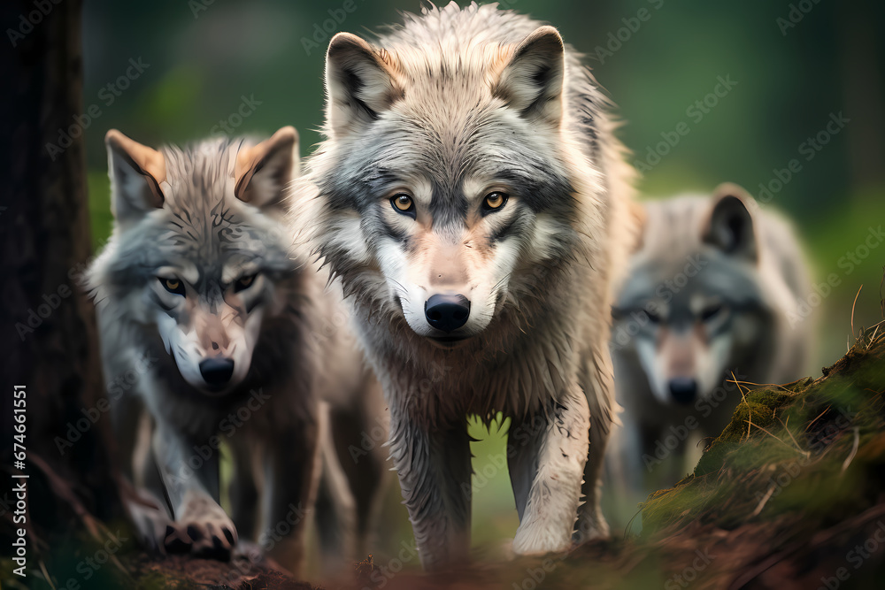 Fototapeta premium focused shot of a wolf pack in the wild, wildlife photography. Generative Ai