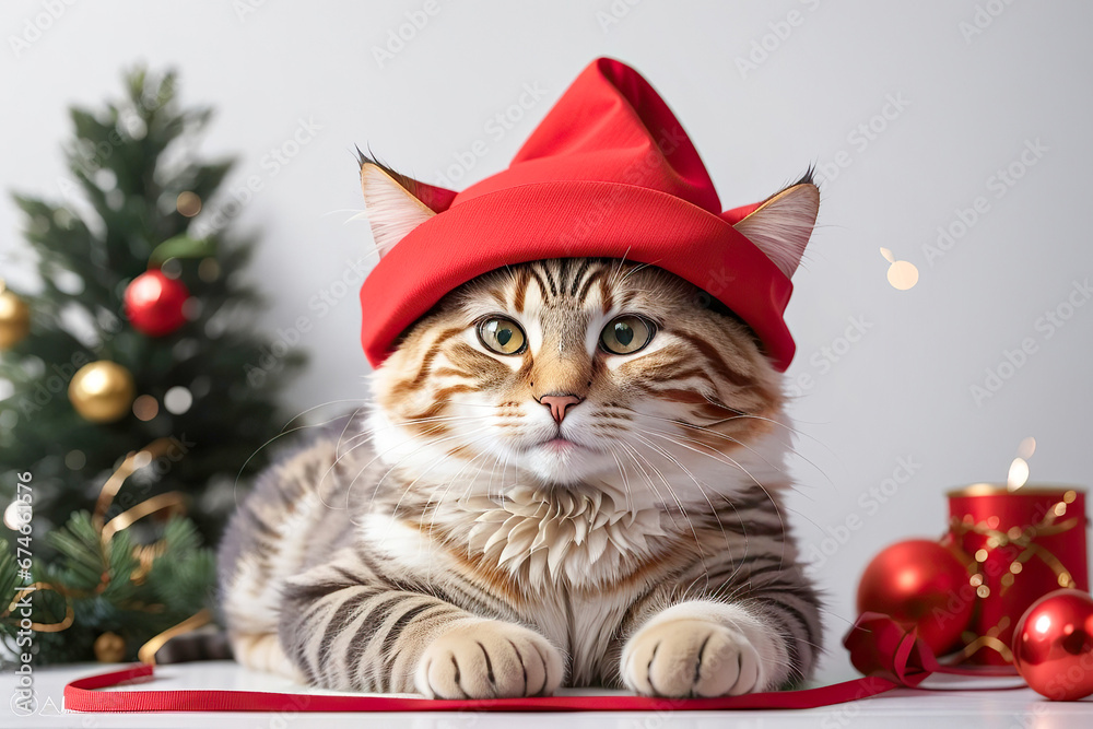 Funny cute cat in a red Santa Claus hat celebrating Happy New Year and a Merry Christmas. Funny cute cat in a red Santa Claus hat celebrating Happy New Year and a Merry Christmas.