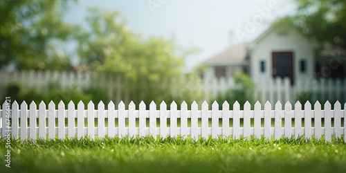 White picket fence in beautiful lawn garden home grass Summer fences, generated ai