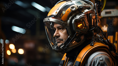 Adult serious man wearing spacesuit. Futuristic portrait of astronaut man in space helmet.