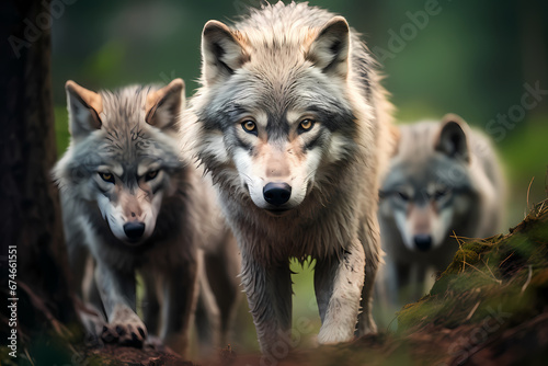 focused shot of a wolf pack in the wild, wildlife photography. Generative Ai