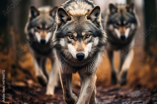 focused shot of a wolf pack in the wild, wildlife photography. Generative Ai