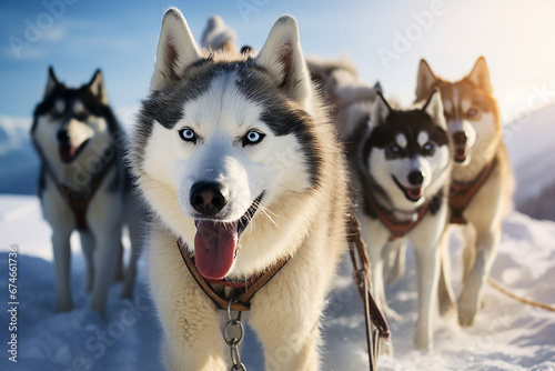 Generative AI of siberian husky dogs in harness climbing up down mountain resort christmas time